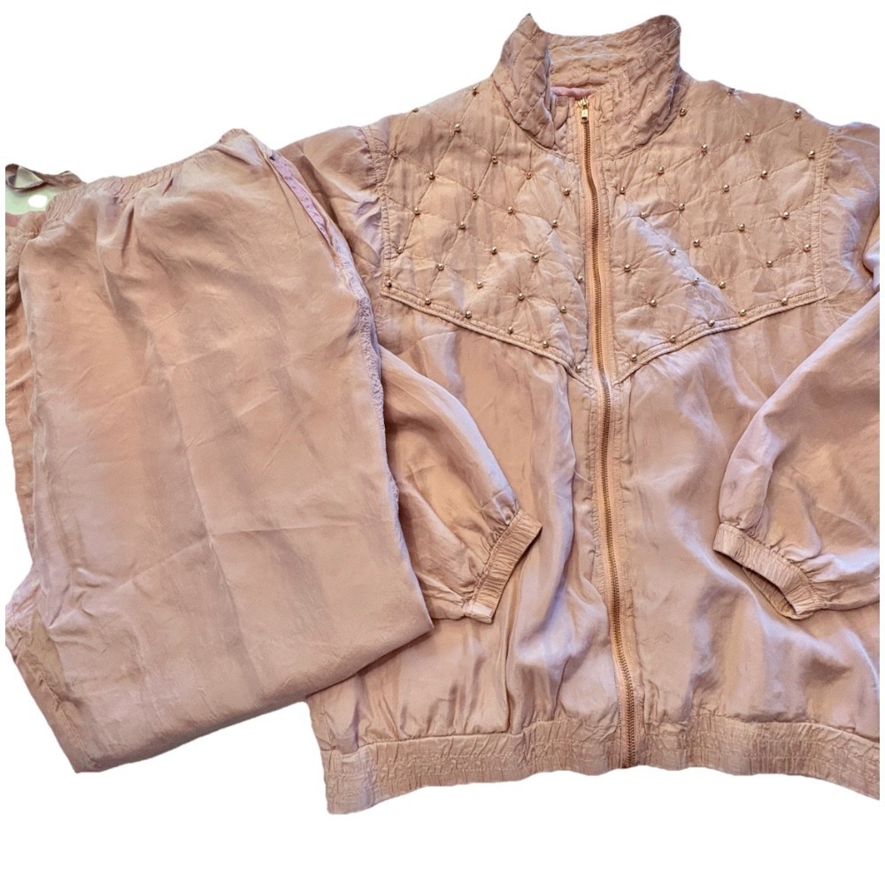 MAURADA Vntg 90's Y2K 100% Silk Pink Tracksuit, Quilted Jacket & Pants Set SZ XL